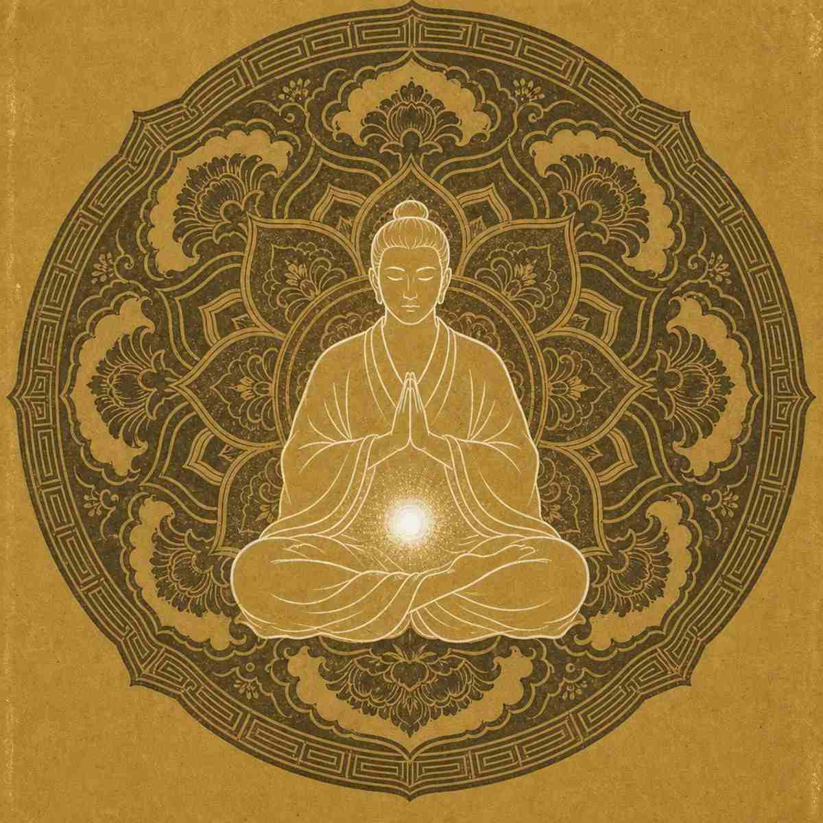 gTumo Mao Shan levels 1-4 distant attunement course art of a meditating monk with a glowing core inside a gold mandala.