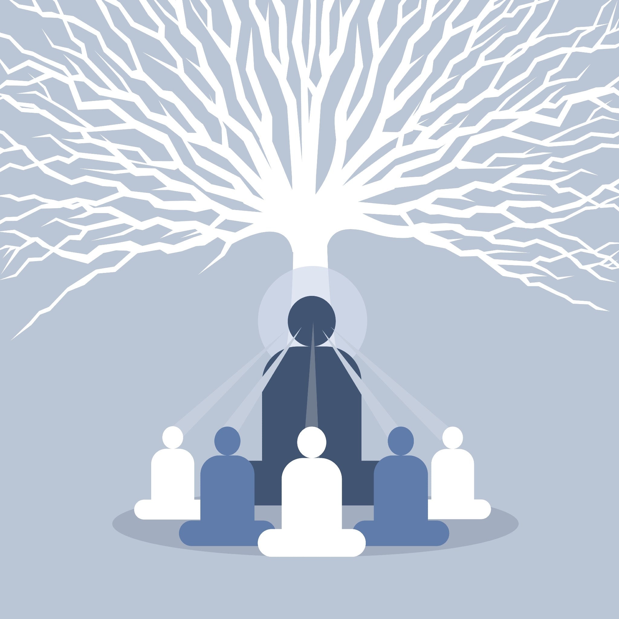 A stylised illustration featuring a large white, bare, branching tree above a central dark figure sitting in meditation, who is radiating beams of light down onto a semicircle of smaller, alternating white and blue meditating figures, all against a light blue-grey background.