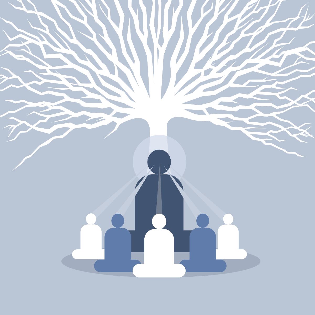 Silhouette of a central figure with people around, under a tree with branches reaching out, representing a guru path.