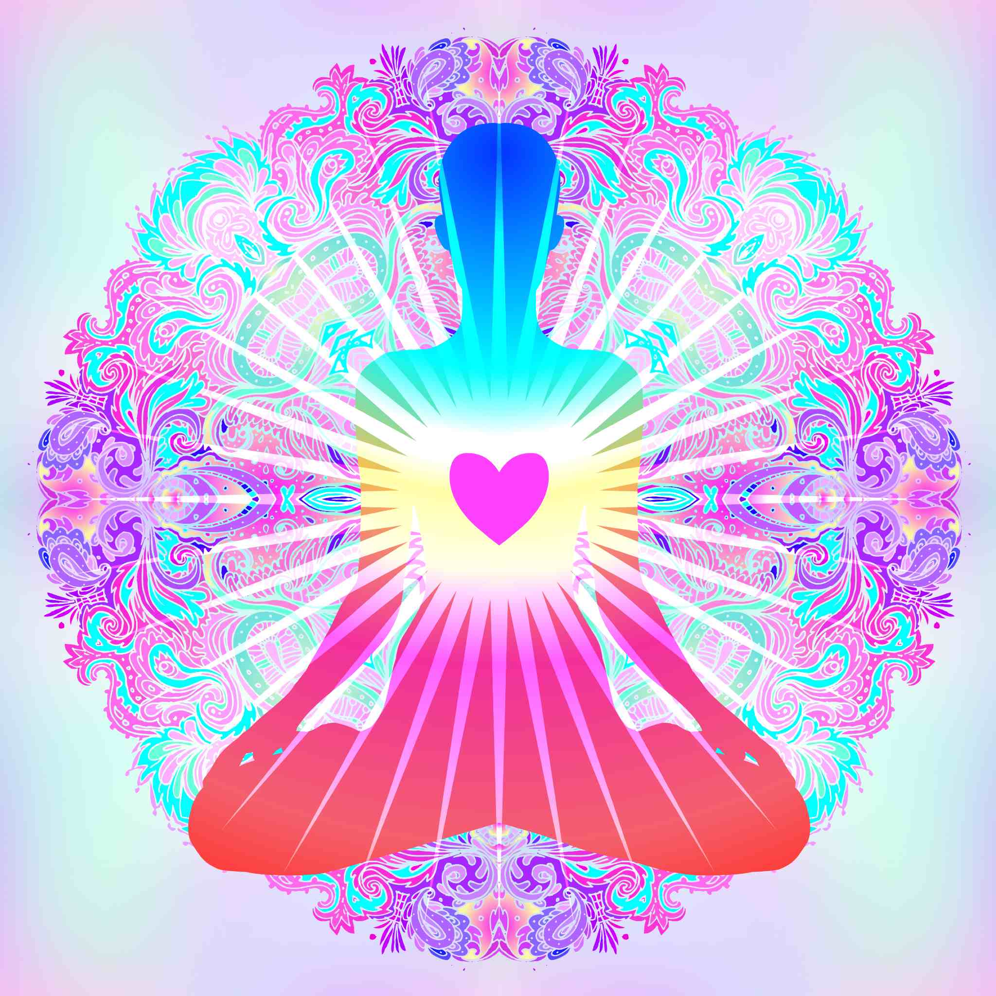 Colourful mandala design with a heart chakra in the centre on a gradient background.