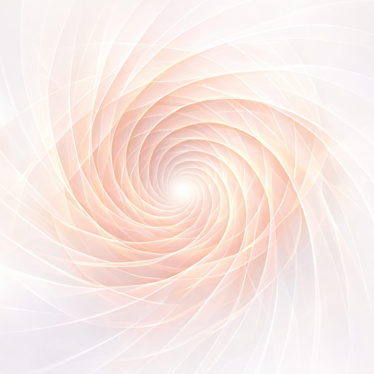 An ethereal white and soft rose-pink digital vortex with translucent, swirling geometric light ribbons spiralling inward.