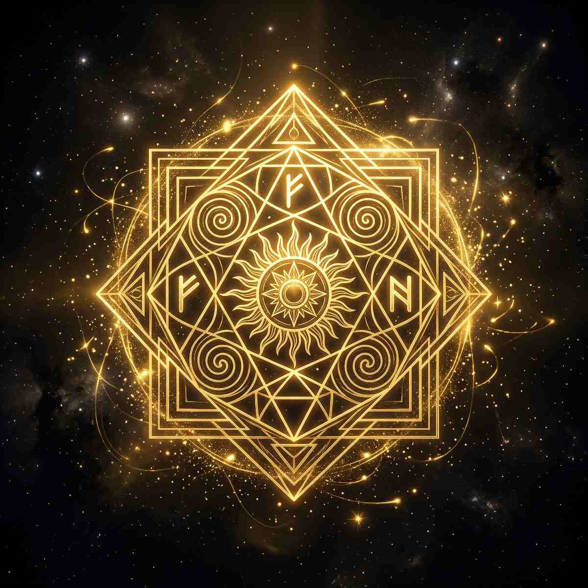 Decorative gold geometric design with abundance and celestial elements on a dark background.