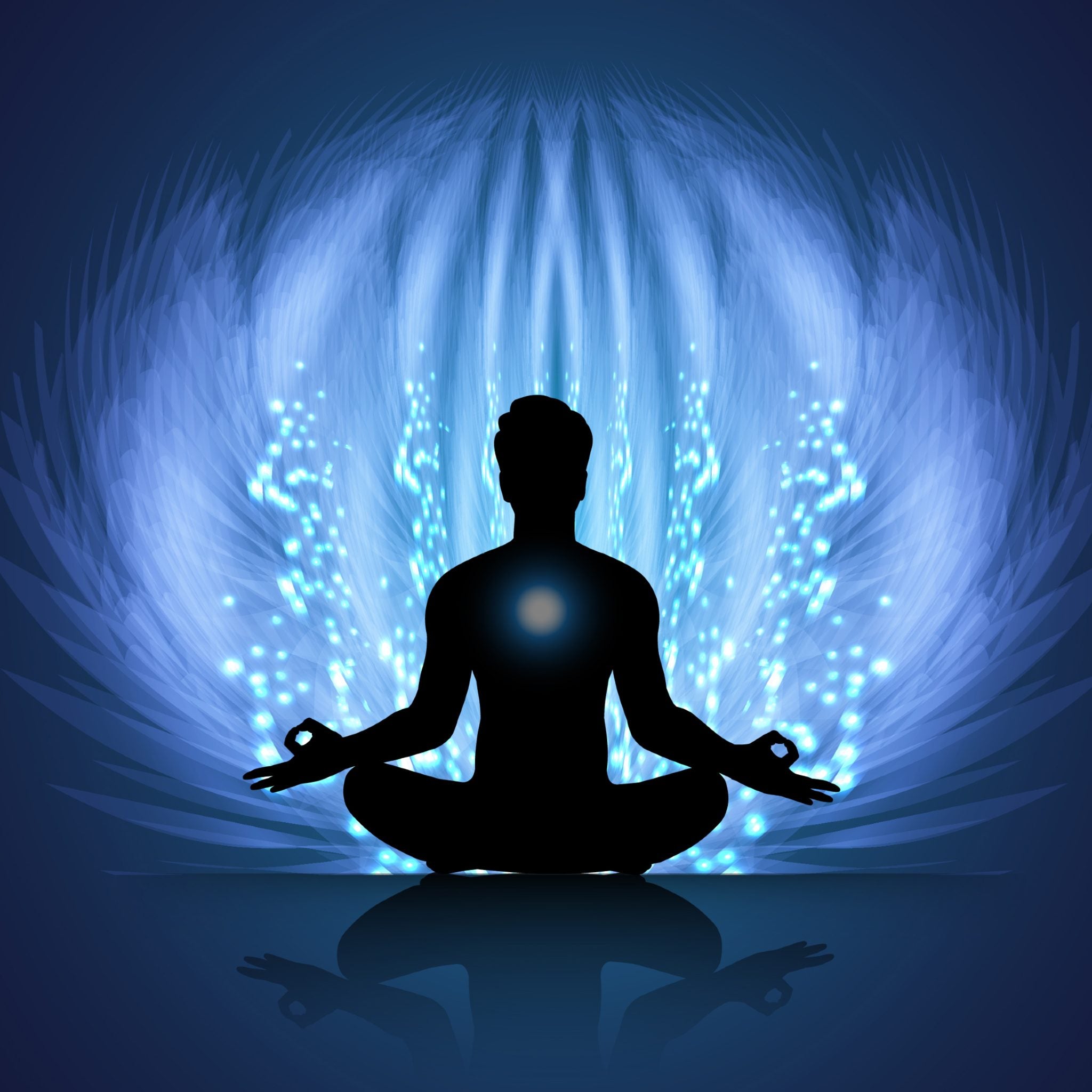 A dark silhouette of a person meditating in a lotus position, radiating a glowing light from the chest area, centred against a large, bright, blue, wing-like or feather-like energetic field symbolising the removal of energetic implants from the aura.