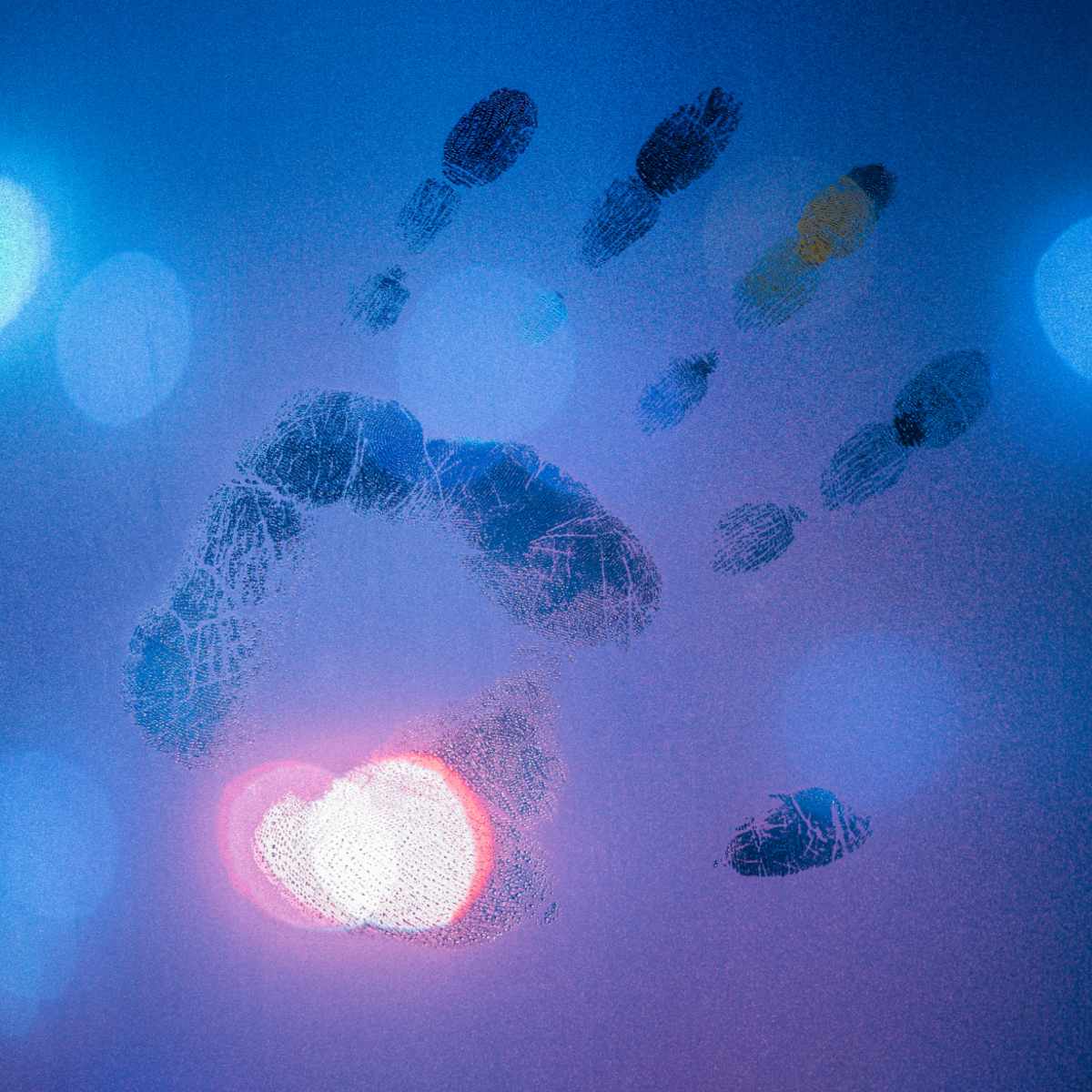 A handprint left on a blue illuminated glass surface of the palm area from beneath.