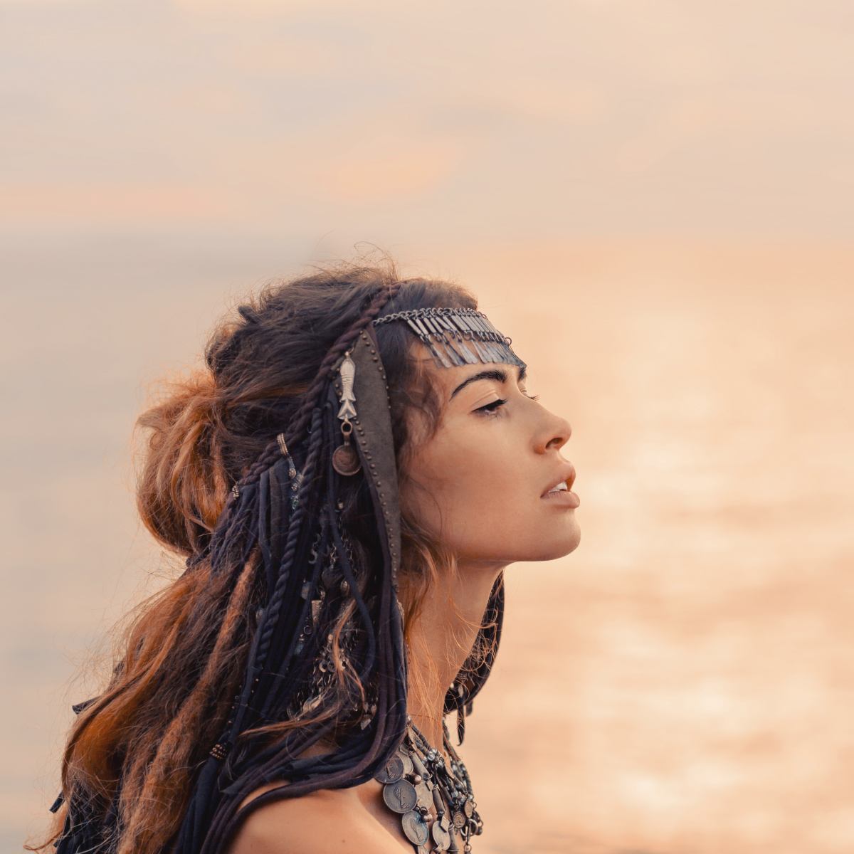 Side profile of a woman with braided dreadlocks looking upward against a soft, sunlit horizon, symbolising the inner shamanic warrior.