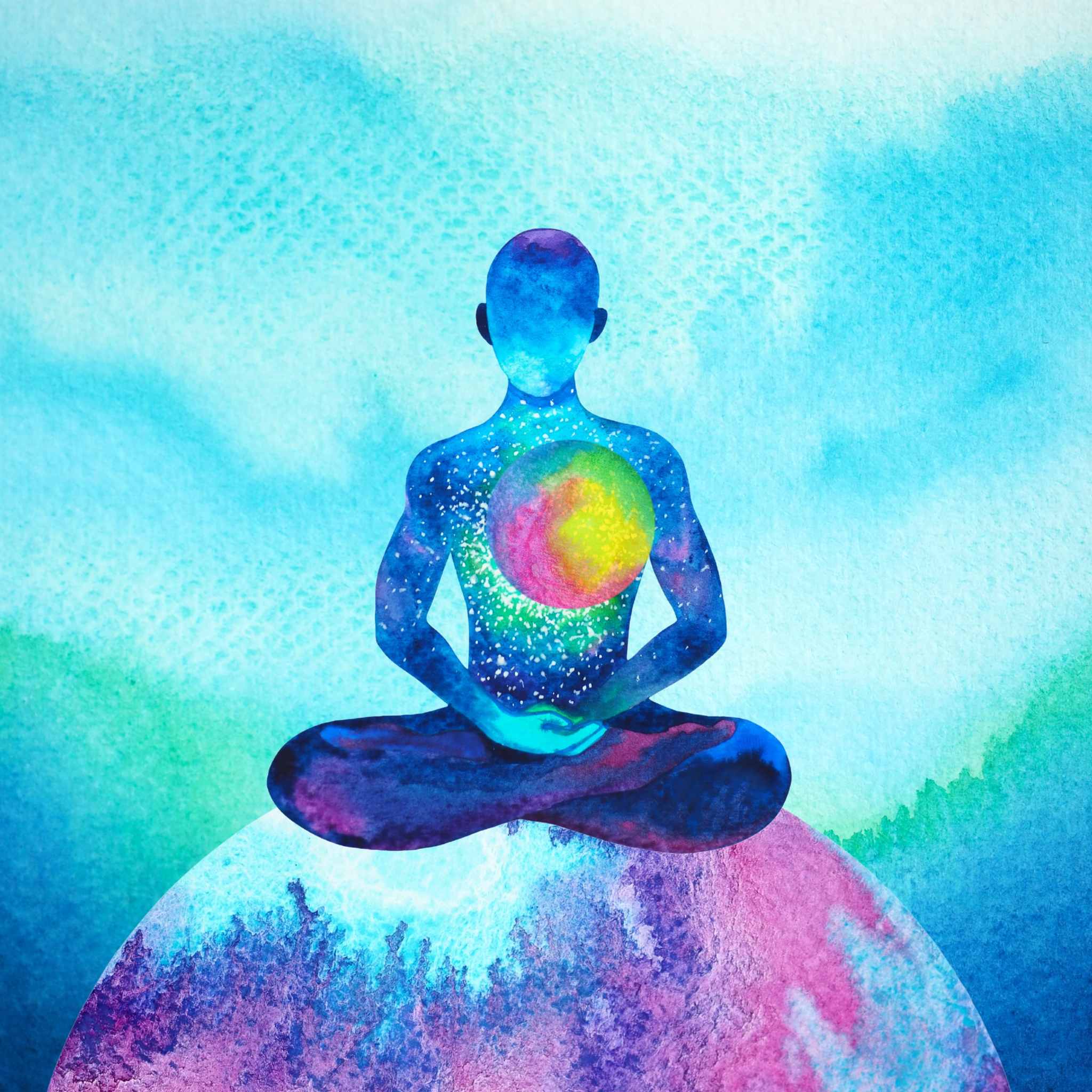 A blue person's silhouette meditating on a colourful globe, with a rainbow-coloured light sphere within the chest, representing inner world rite.