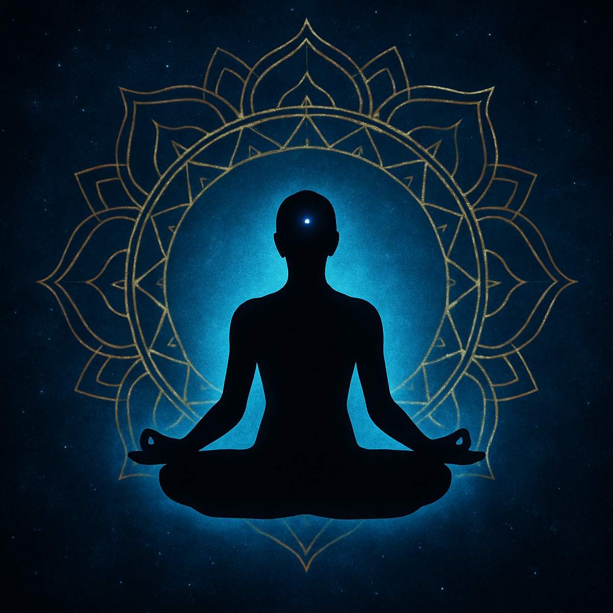 Silhouette of a person meditating in front of a large mandala with an activated third eye.