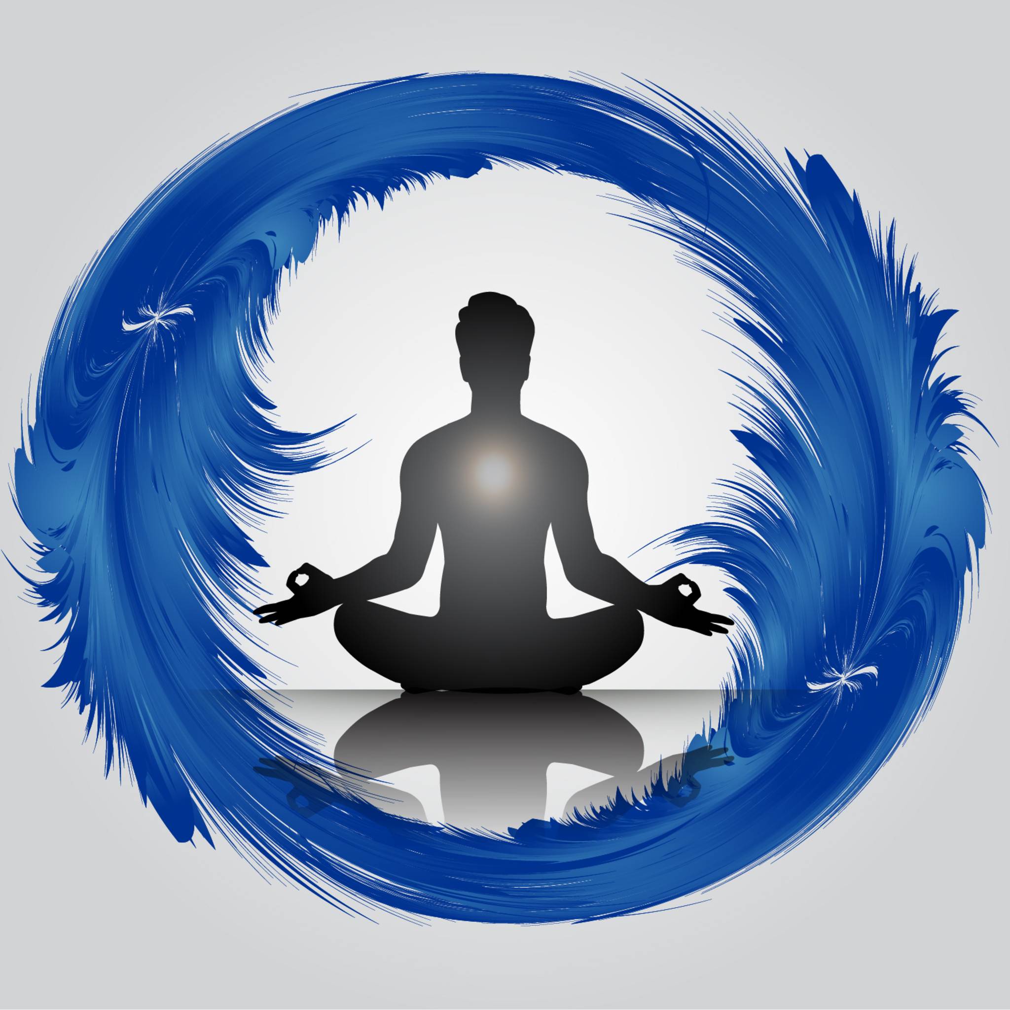 A meditating silhouette figure within a dynamic, circular swirl of bright blue feather-like energy symbolising the karma rite.