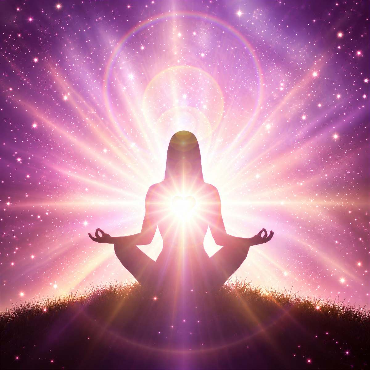 Silhouette of a meditating woman on a grassy hill with a glowing heart centre, emitting a vibrant pink and purple halo under a starry sky.