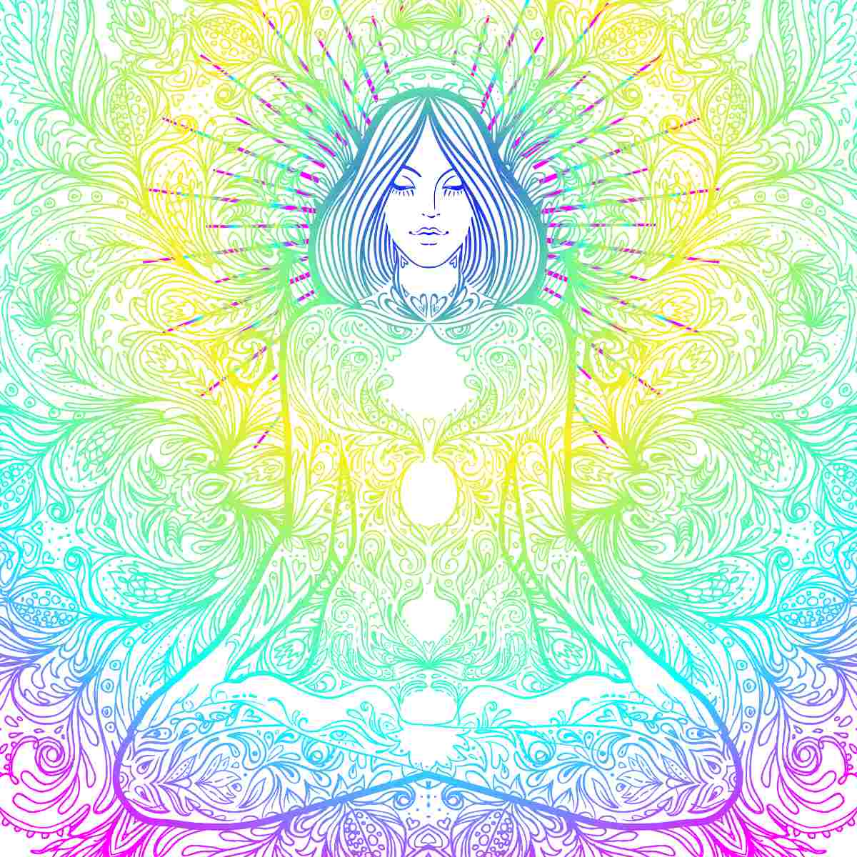 Colourful mandala with a central figure on a multicoloured background.