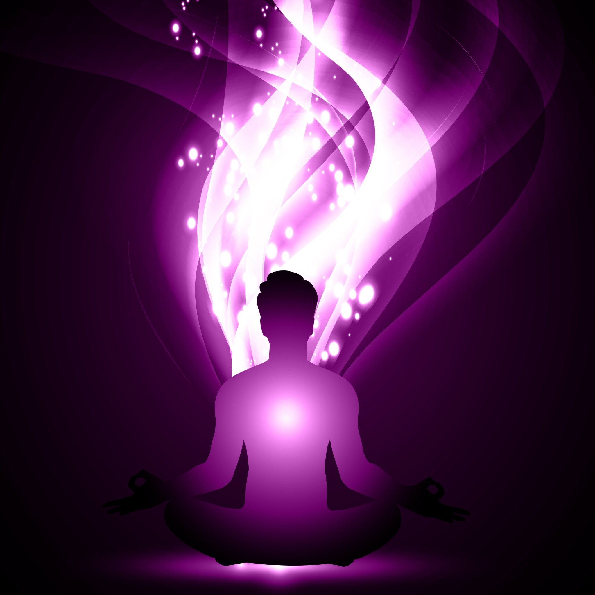 A striking abstract digital illustration featuring the silhouette of a person sitting in a meditation pose. A bright, powerful column of swirling white and magenta light, resembling flames or energy trails, rises from the figure's body against a dark purple background, visually representing the awakening of the kundalini.