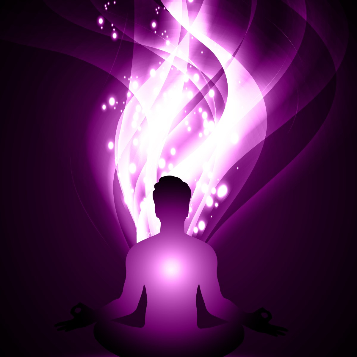 Silhouette of a person meditating with a swirling purple kundalini energy.