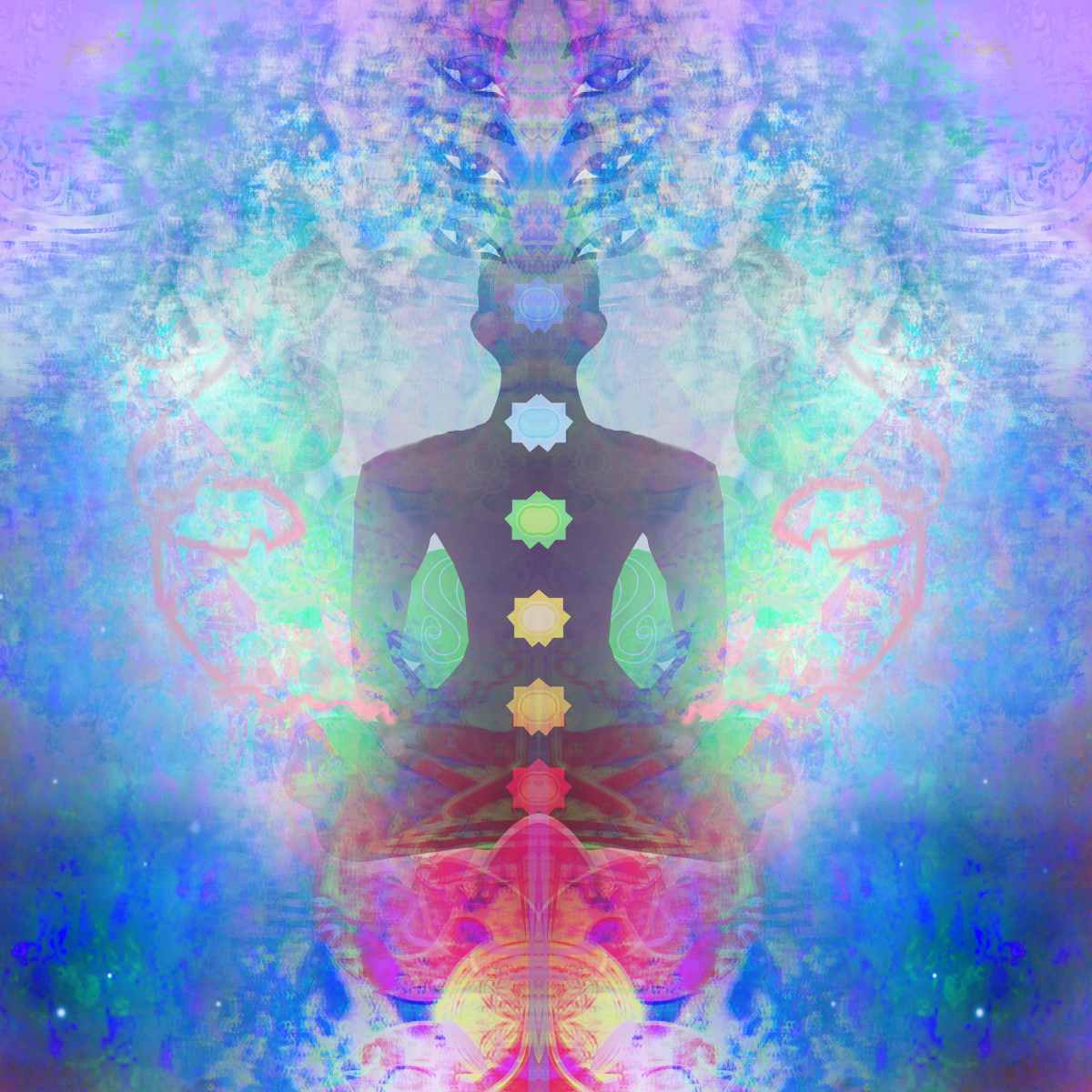 Silhouette of a person with chakra symbols and kundalini on abstract background.