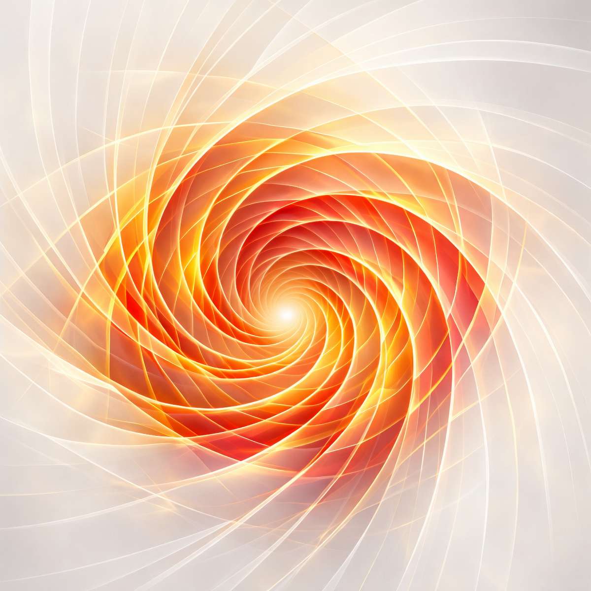 An ethereal white and fiery orange digital vortex with translucent, swirling geometric light ribbons spiralling inward.