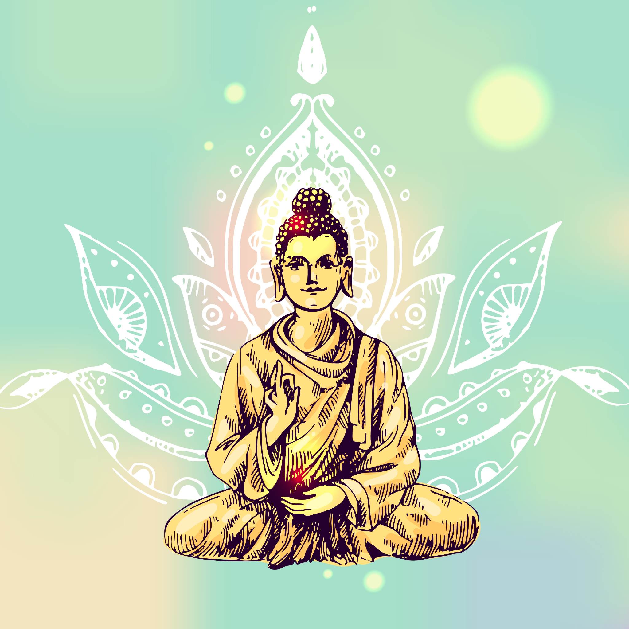 Vintage-style drawing of a Buddha figure sitting in meditation against a white lotus flower outline and a soft, glowing yellow and green background.