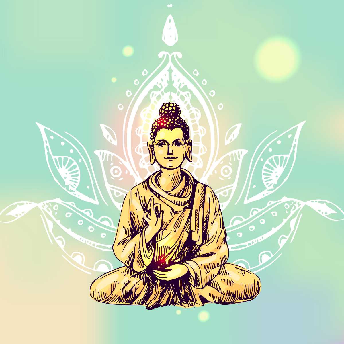 Illustration of an enlightened person meditating with a colourful background.