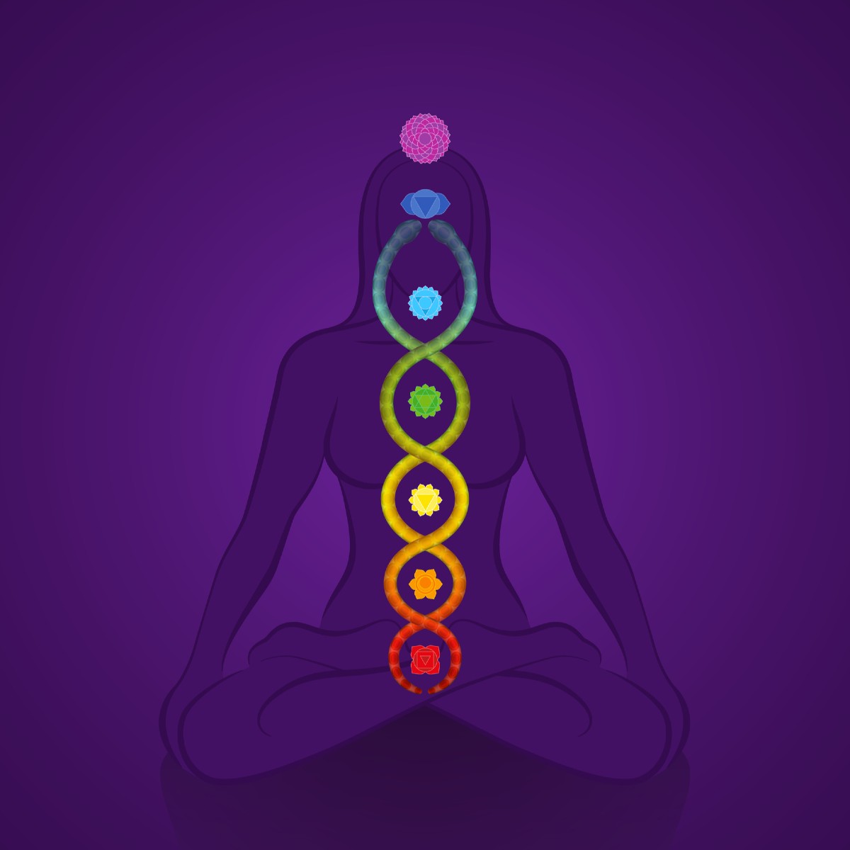 Silhouette of a person in meditation with chakras and kundalini energy on a purple background