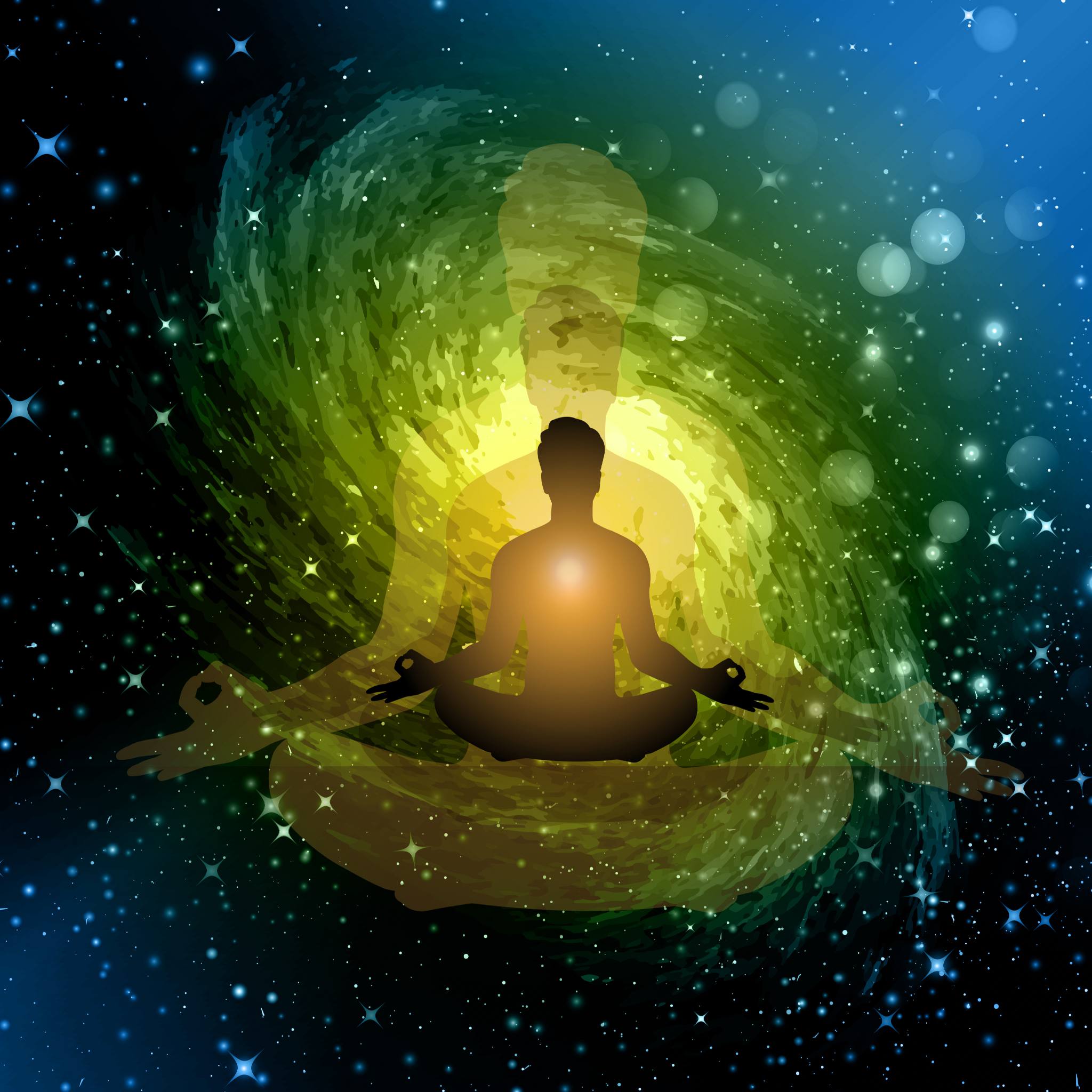A silhouette of a person meditating in a lotus position, with a central core of golden-yellow light, overlaid against a dark, cosmic background featuring a swirling green and yellow nebula or galaxy.