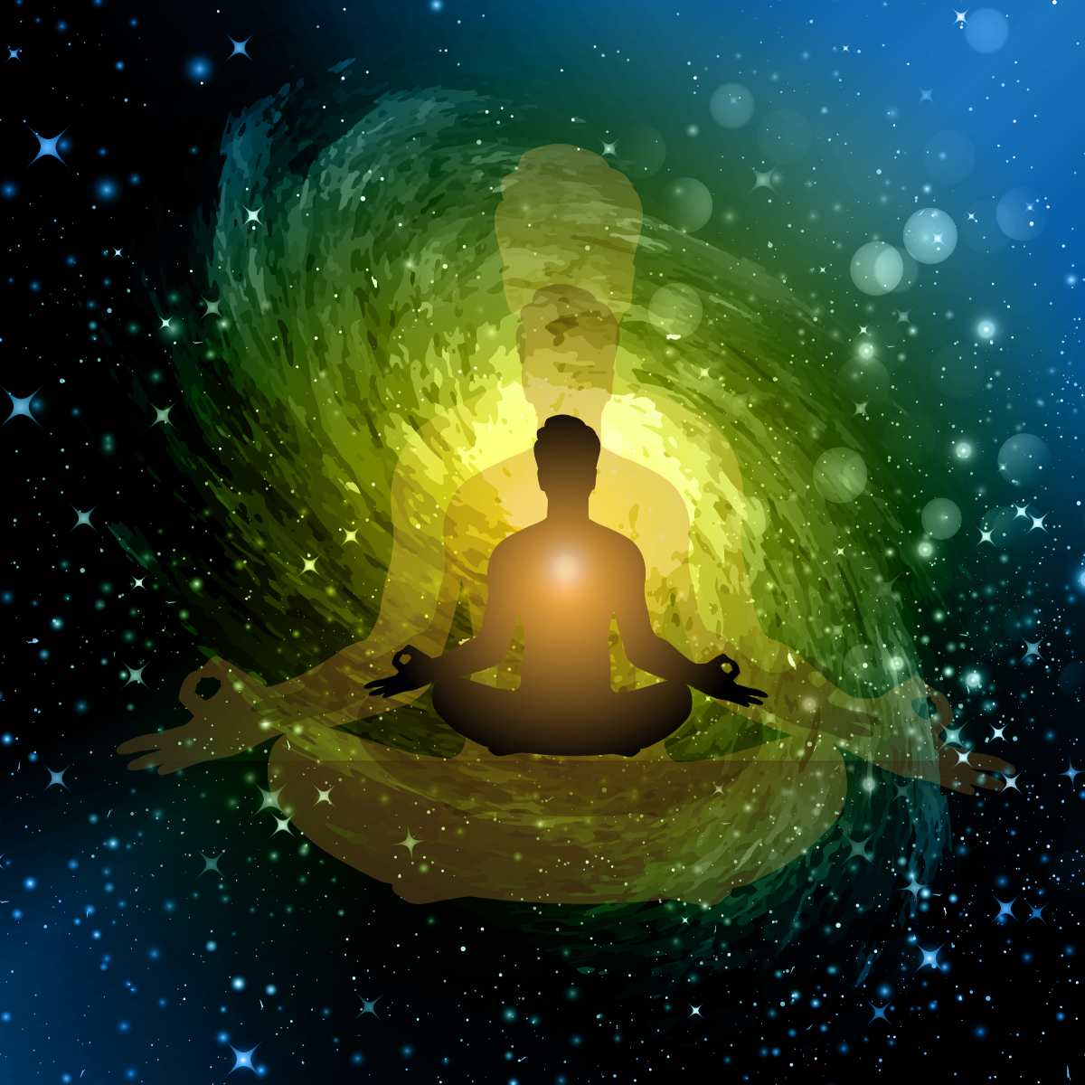 Meditation illustration with a person surrounded by glowing life force energy and celestial background.