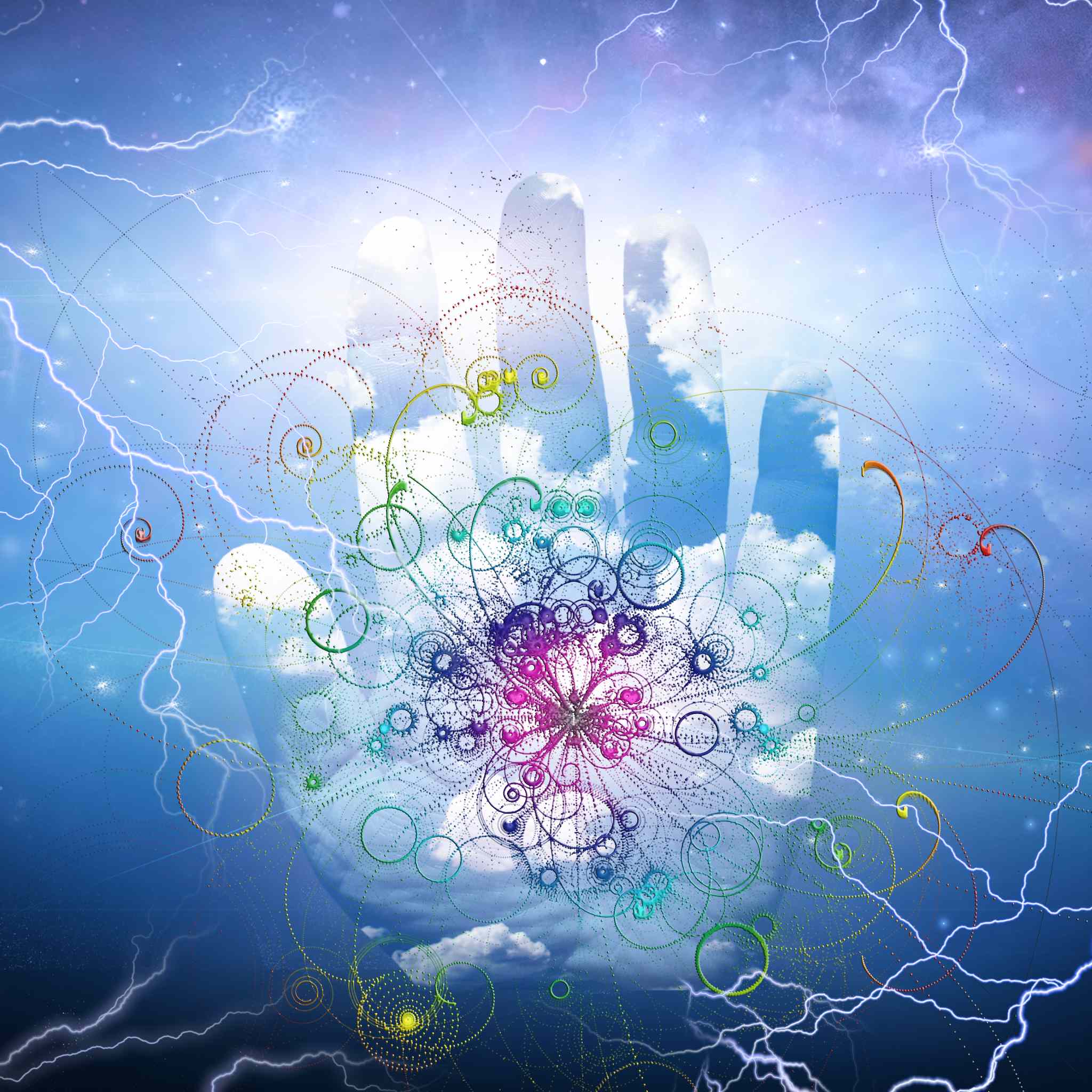A glowing, translucent hand against a bright sky with lightning, displaying a colourful, swirling geometric energy pattern representing life force.