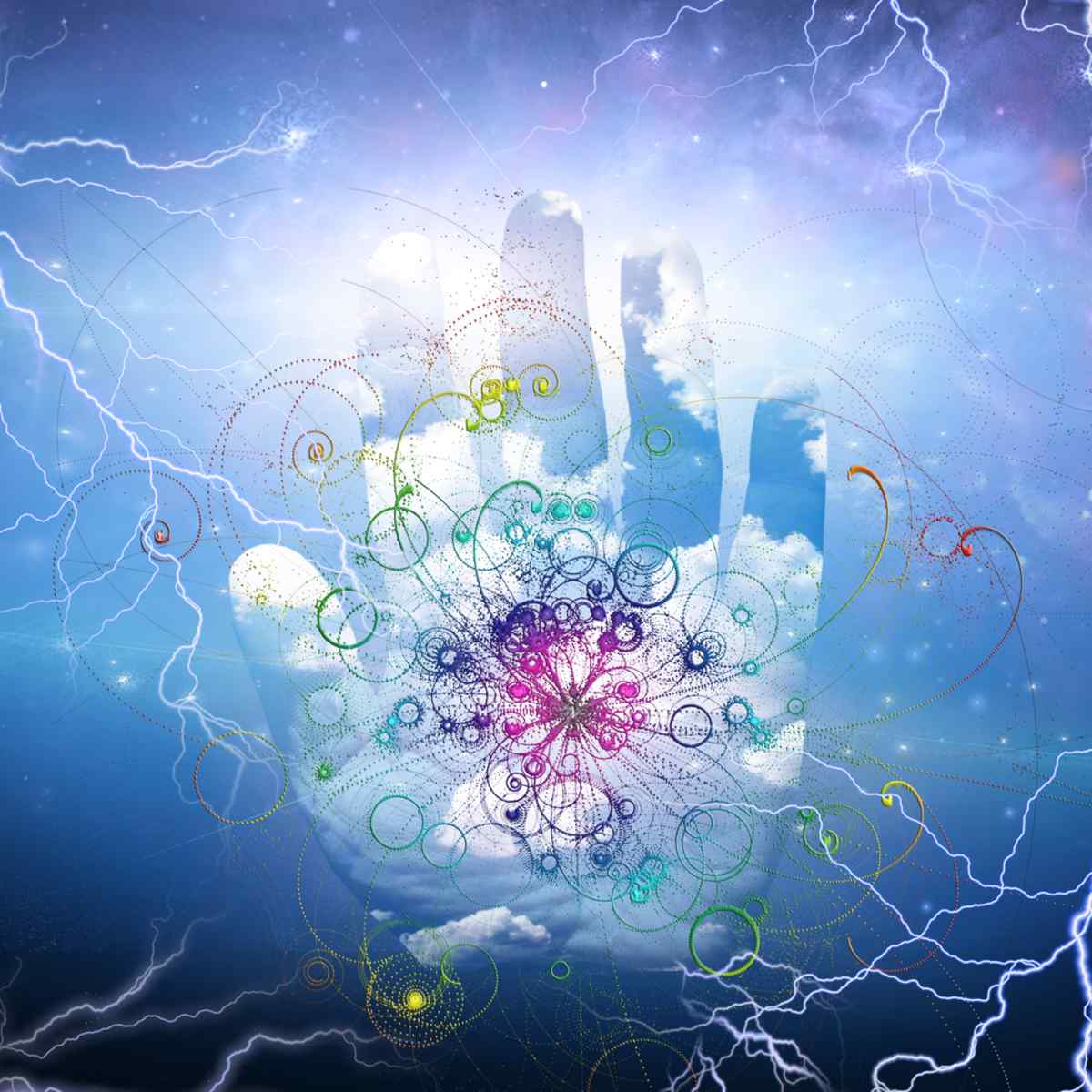 A glowing, translucent hand against a bright sky with lightning, displaying a colourful, swirling geometric energy pattern representing life force.