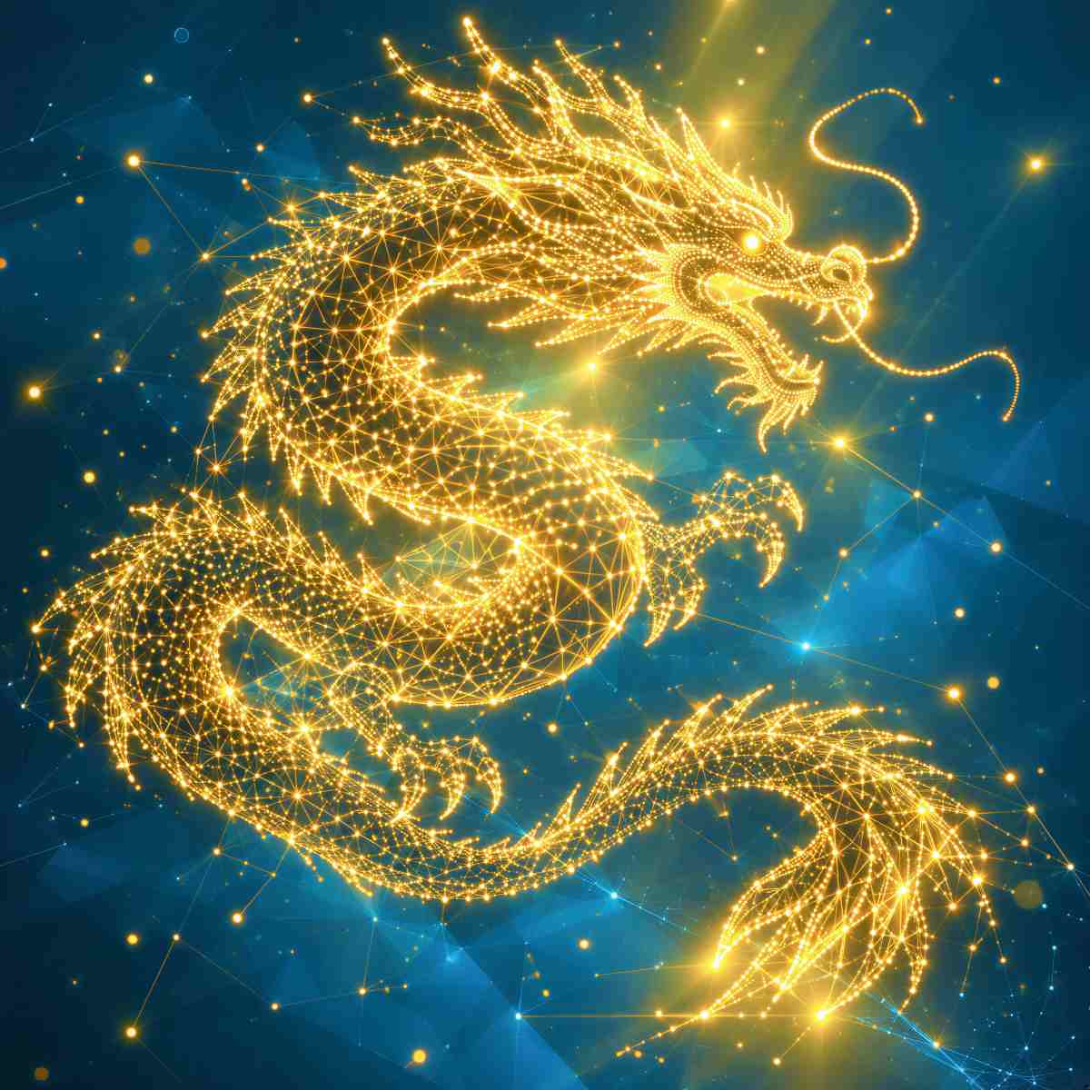 Golden light dragon against a dark blue cosmic background with golden stars.