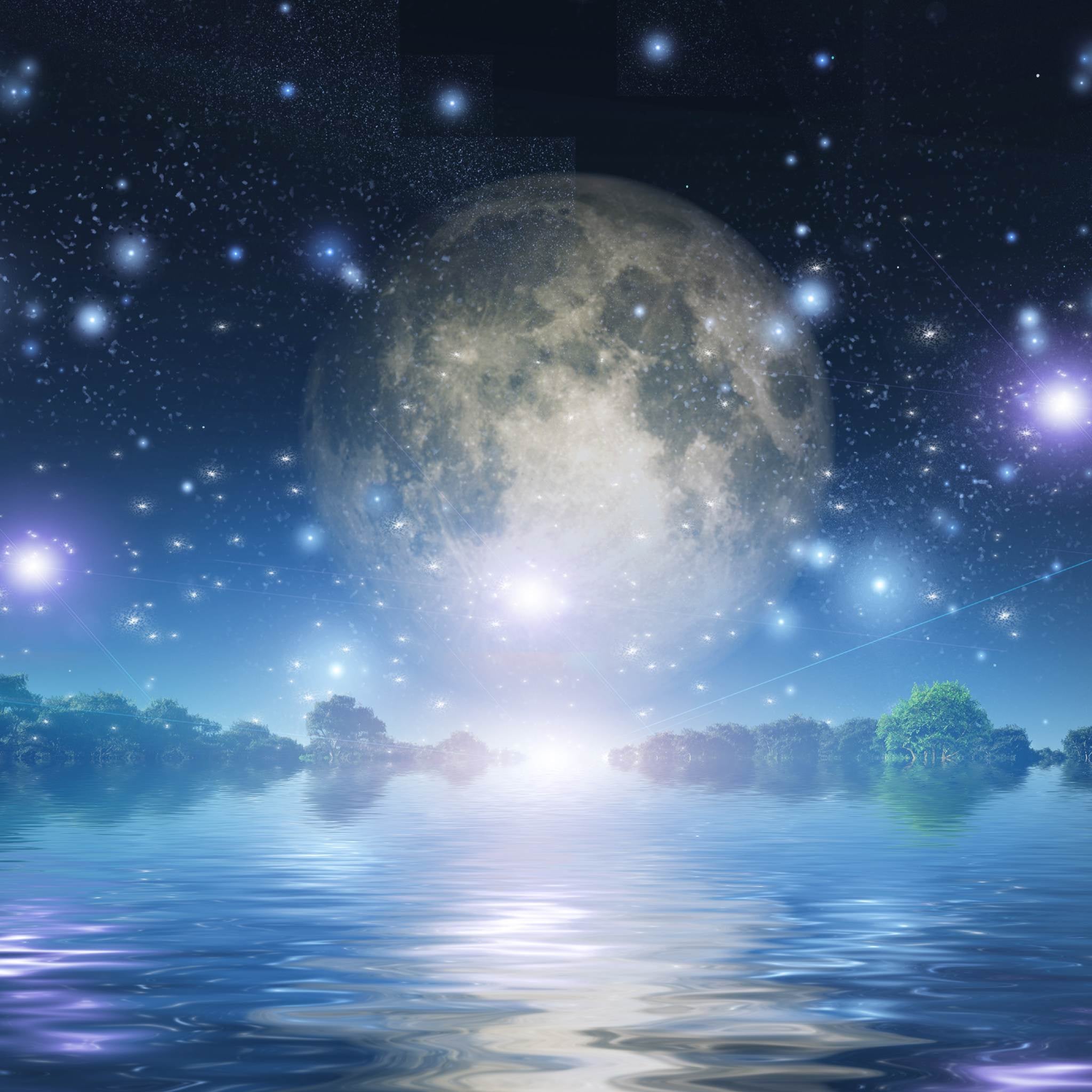 A beautiful fantasy landscape featuring a large, glowing full moon and numerous bright stars in a dark blue sky above a reflective body of water. A mystical white light flares up from the horizon, representing lunar fairy magic connection.