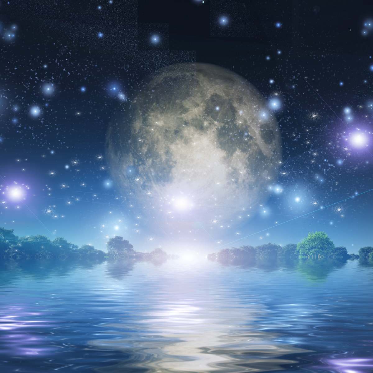 A large mystical moon over water and trees representing lunar fairy magic energies.