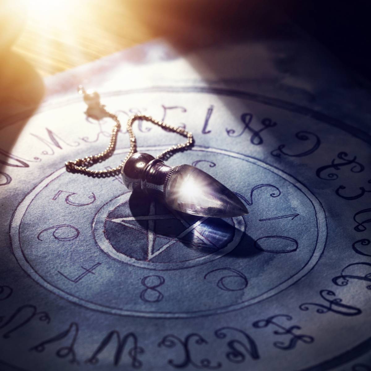 Silver pendant on a chain over an astrological chart and a pentagram.