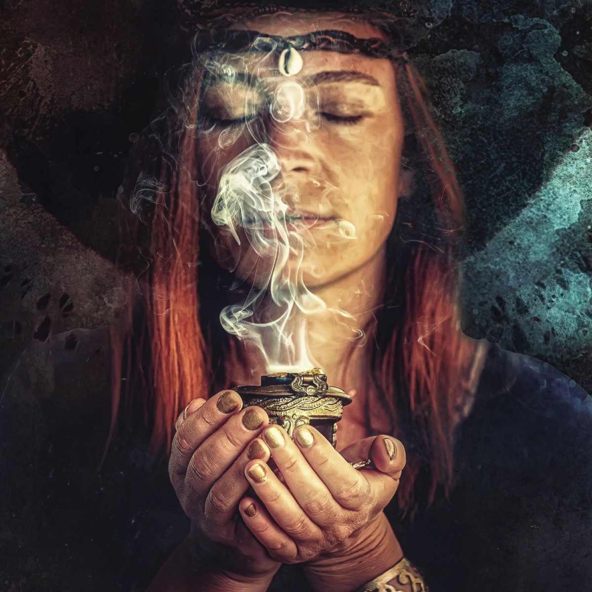 Shamanic woman with eyes closed holding a metal burner with incense smoke against a dark background.