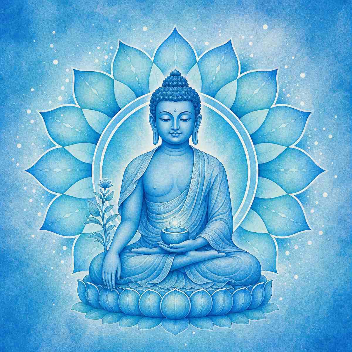 Serene blue Medicine Buddha seated on a lotus pedestal, holding a bowl of healing nectar against a large blue lotus aura background.