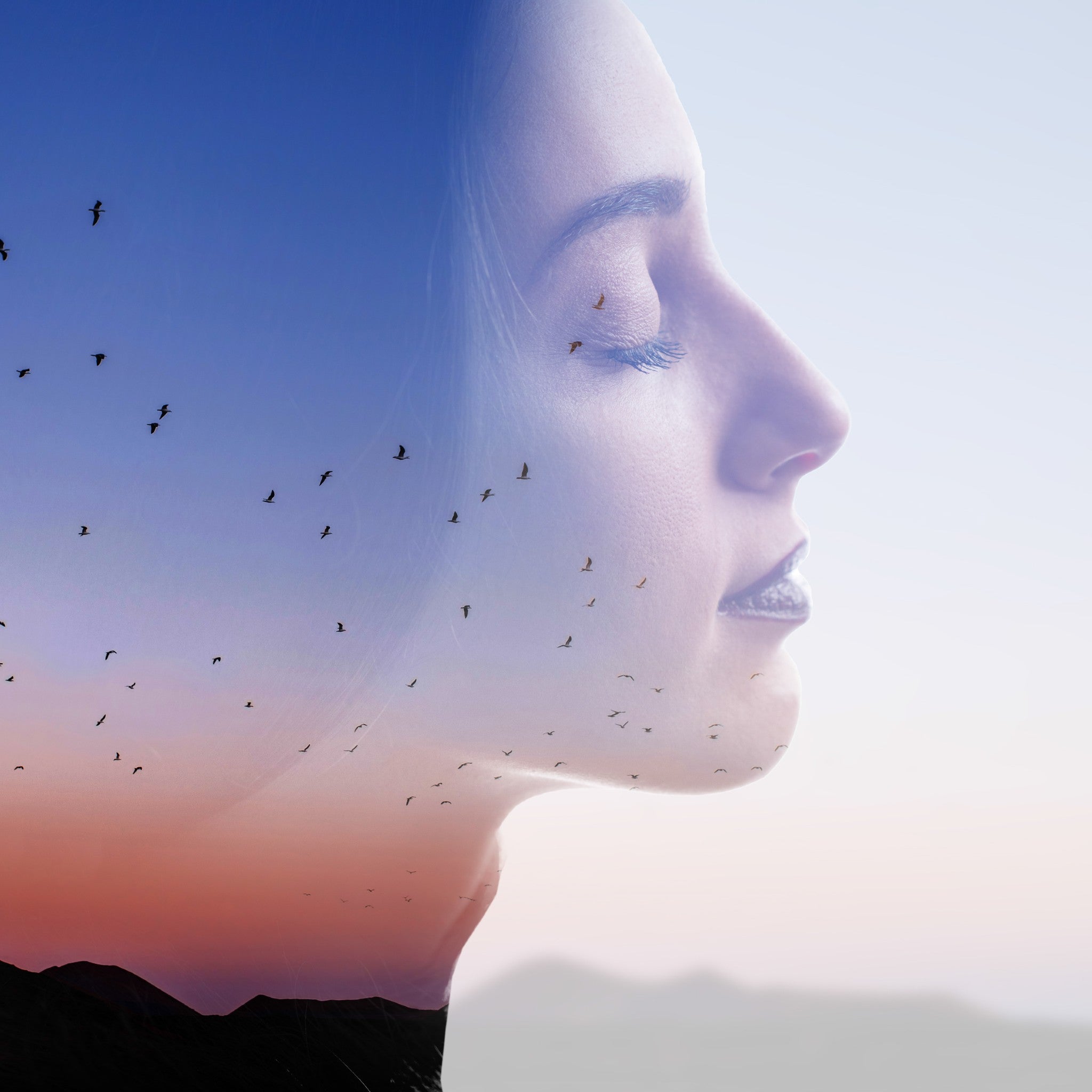 Profile double exposure of a woman's calm face with her eyes closed, layered over a sunset landscape with silhouetted birds flying.