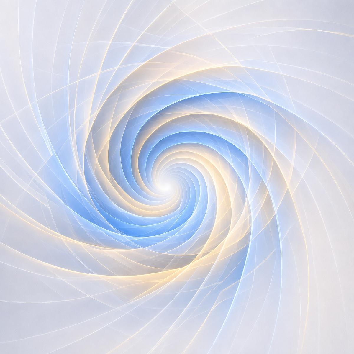 An electric blue and pale gold digital vortex with translucent, swirling geometric ribbons spiralling inward.