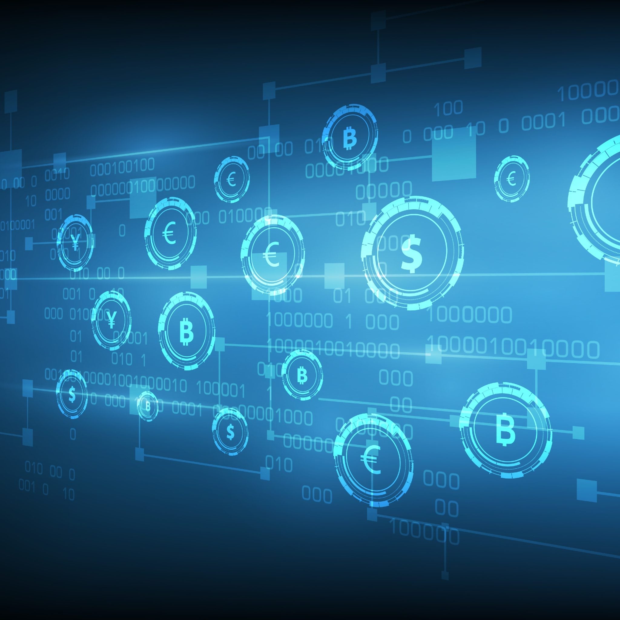 An abstract digital illustration with a blue background, featuring glowing circular elements that contain symbols for money and currency, connected by thin lines, surrounded by binary code and numerical data, representing financial technology or digital currency.