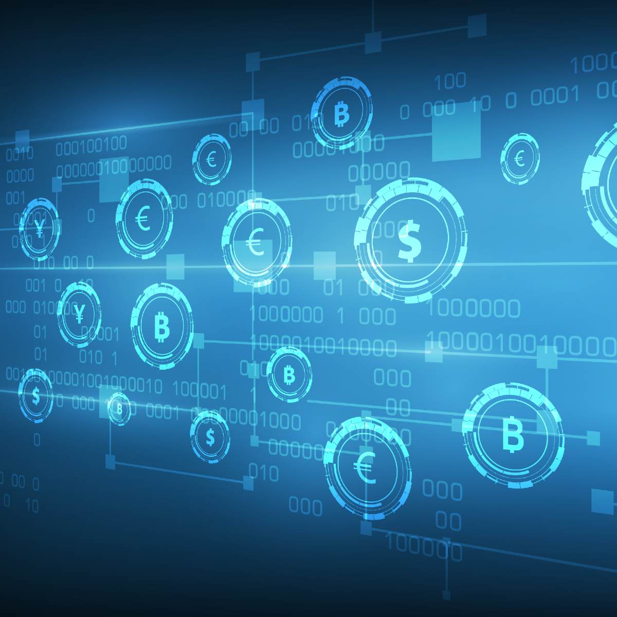 Digital representation of currency symbols and binary code on a blue background.