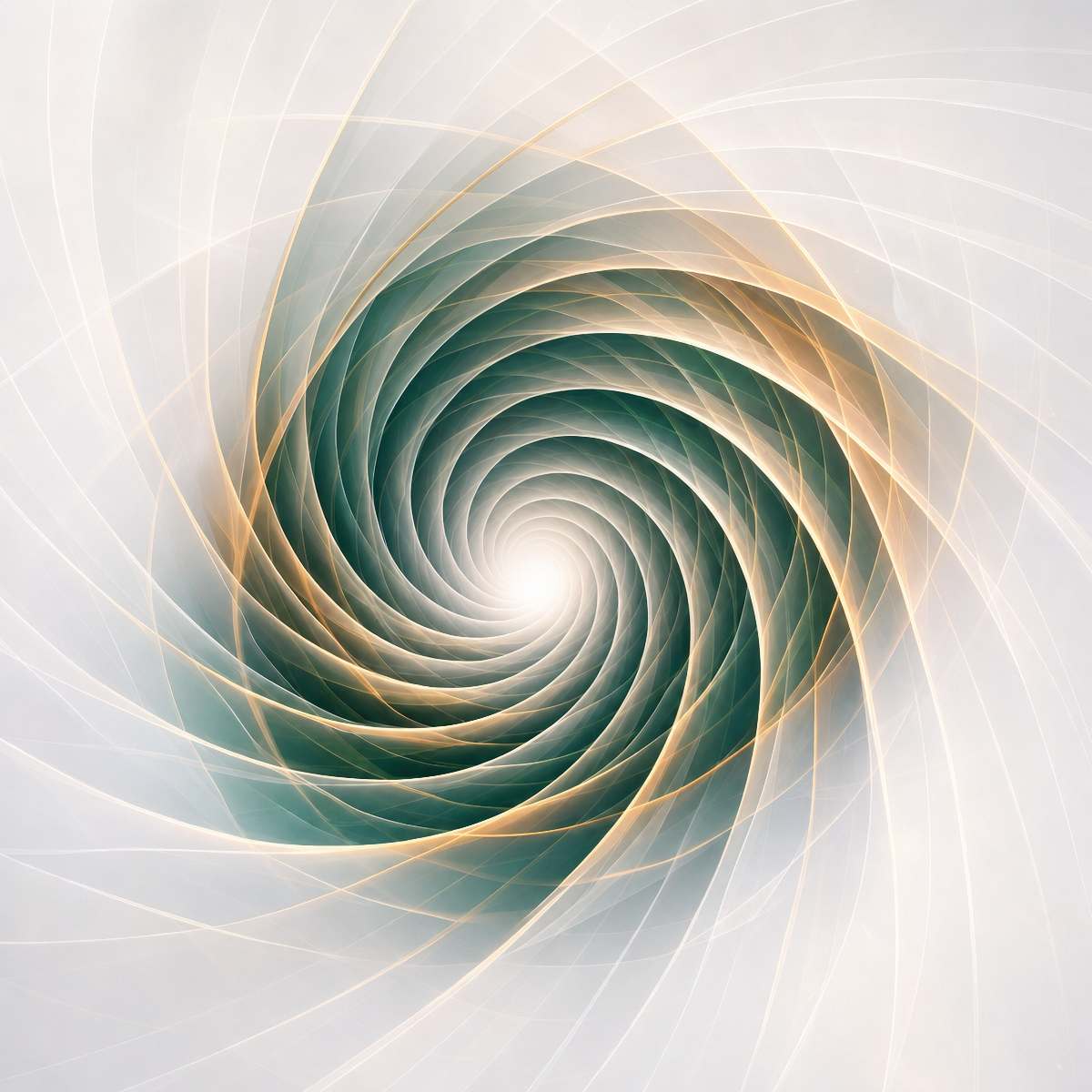An ethereal white, forest green, and gold digital vortex spiralling inward symbolising money trauma clearing.