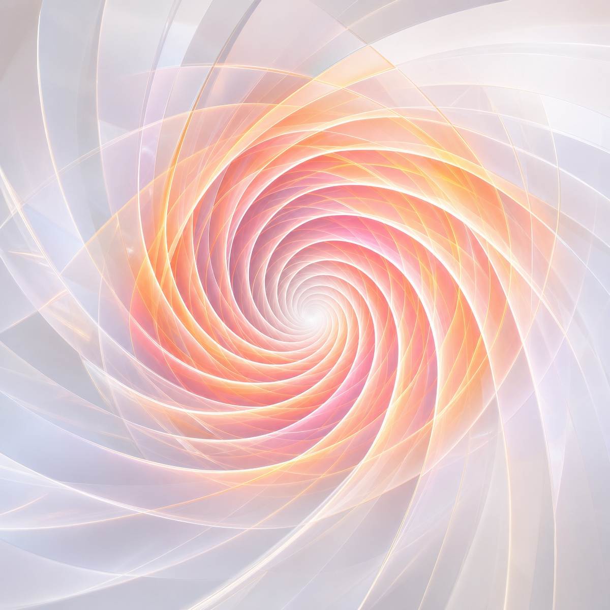 An ethereal white, bright orange, and pink digital vortex spiralling inward representing morning energy clearing.