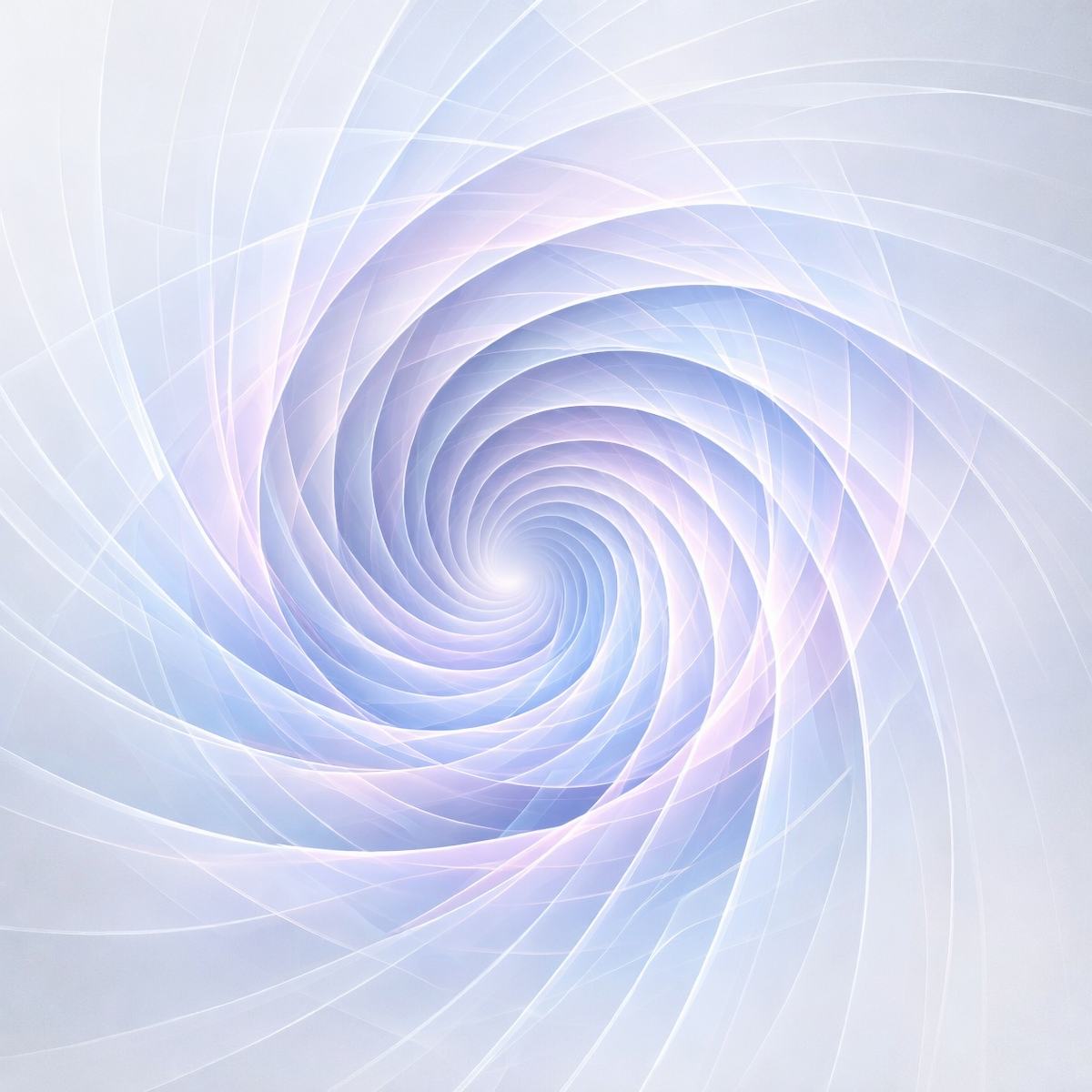 An ethereal white and pale violet digital vortex with translucent, swirling geometric light ribbons spiralling inward.