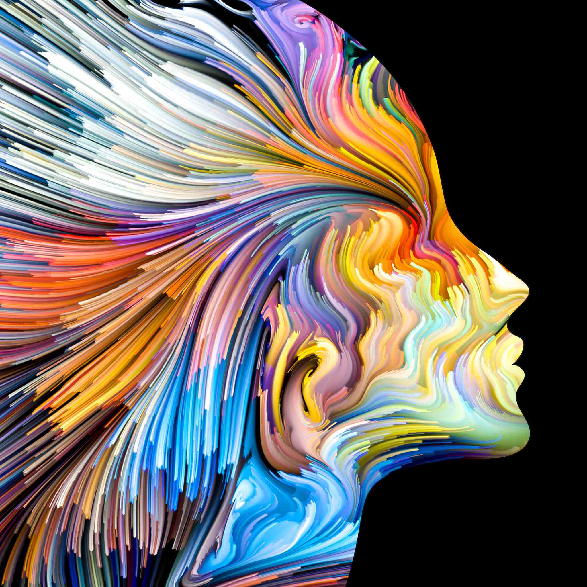 Abstract profile silhouette of a human head, composed of brightly coloured, swirling, energetic paint streaks against a black background.