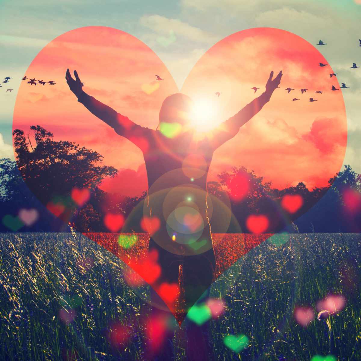 Person with arms outstretched against a heart-shaped sunset with birds and hearts overlaid.