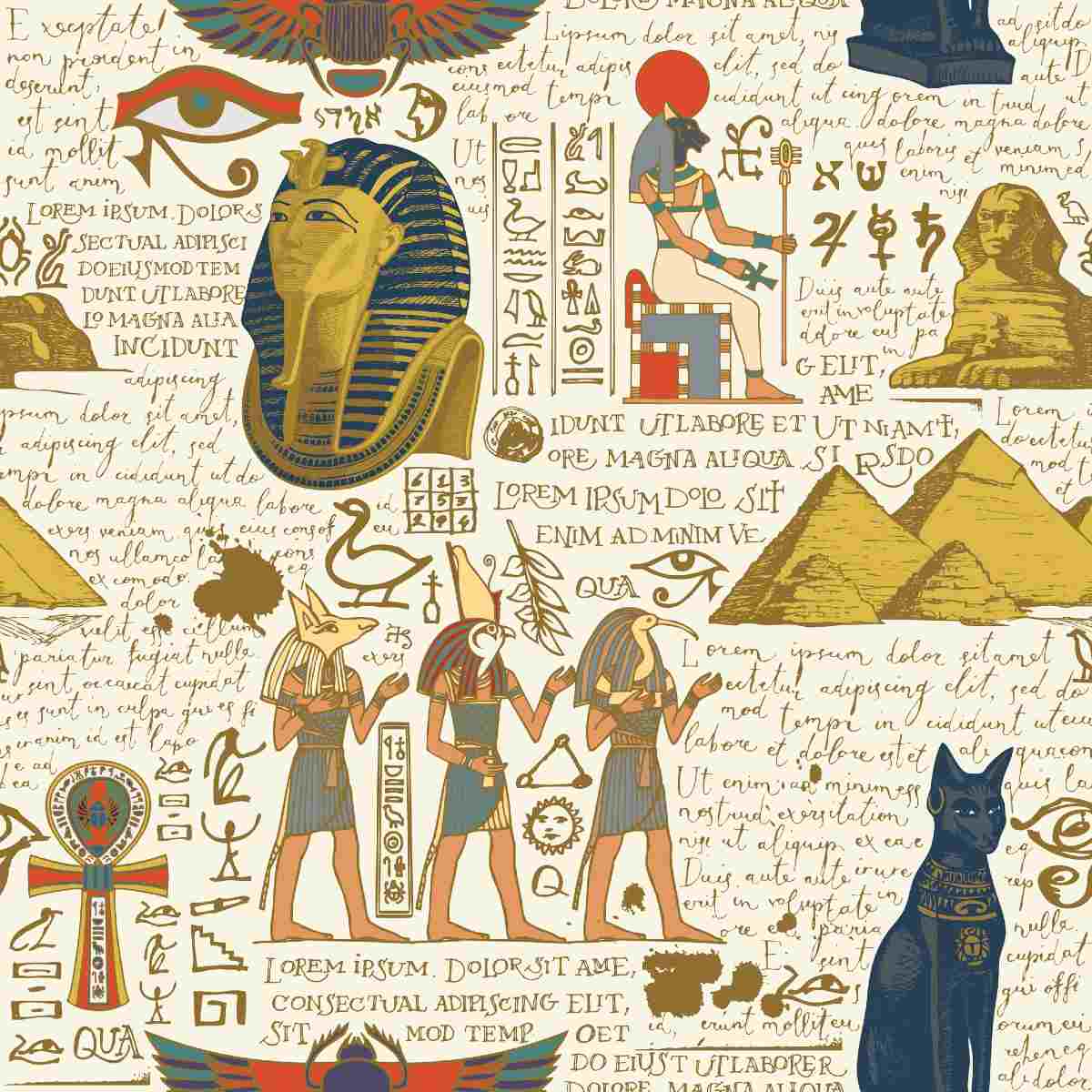 Intricate Egyptian montage featuring the Eye of Horus, pyramids, pharaoh bust, deities, and hieroglyphs overlaying cursive manuscript text.