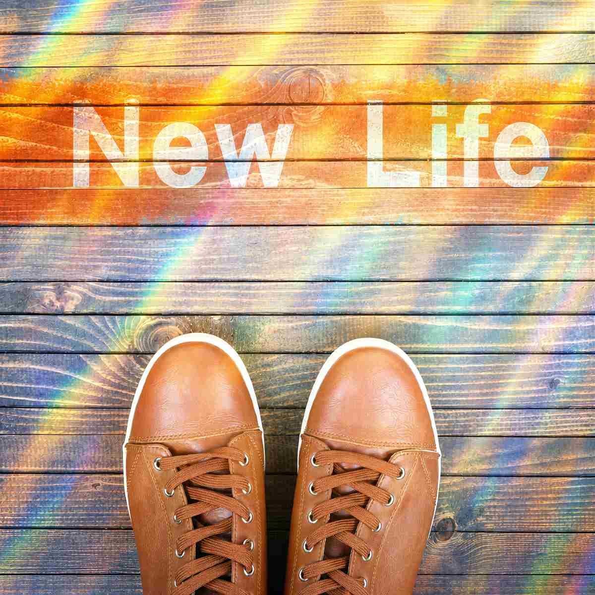 Top-down view of brown leather trainers standing on wooden floorboards illuminated by rainbow light rays, with the text New Life written above.
