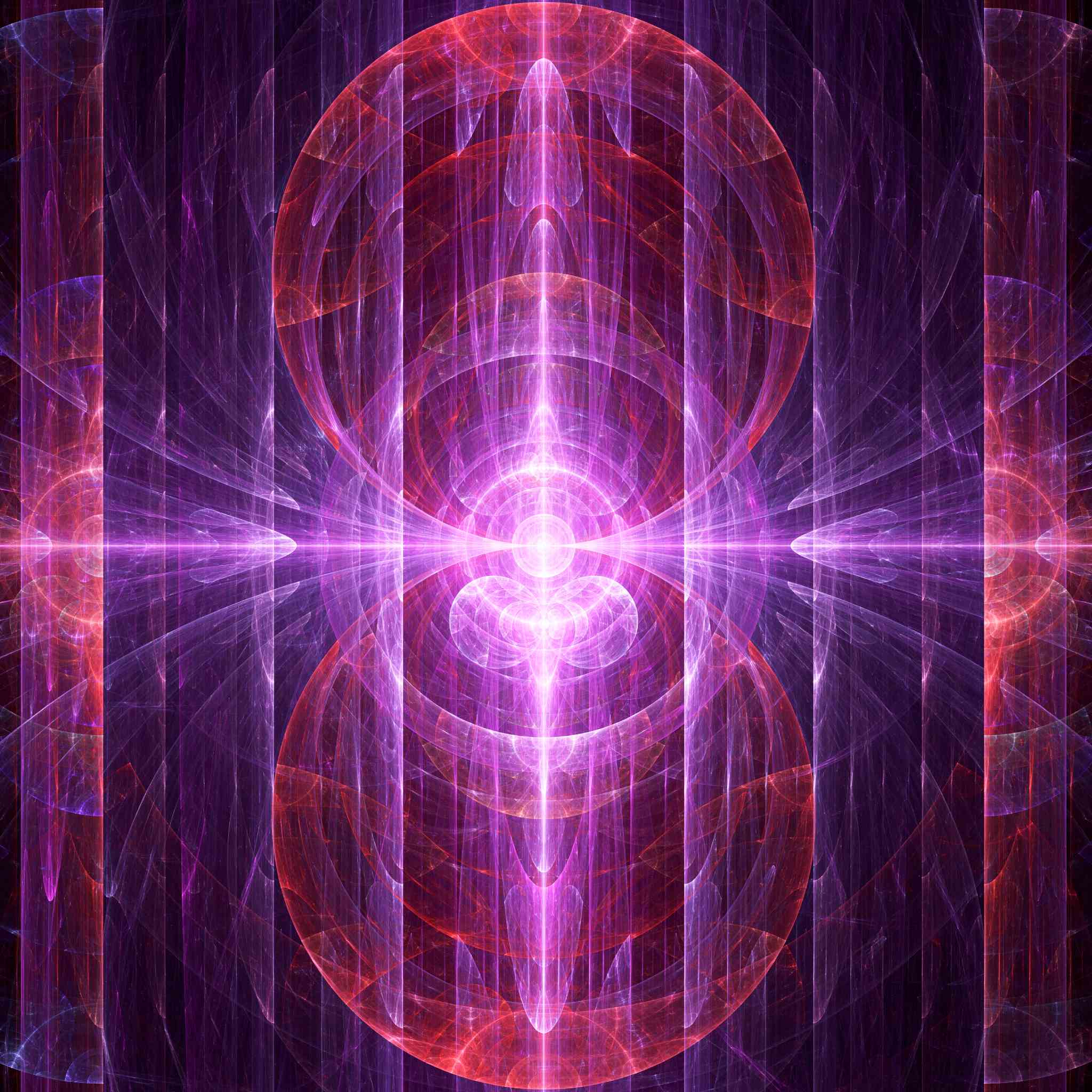 An intricate fractal abstract design featuring intersecting circles and vertical bands of brilliant magenta and red light, set against a dark purple and black background.