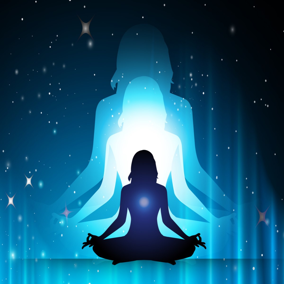 Silhouette of a person meditating with a blue glow against a starry night sky.