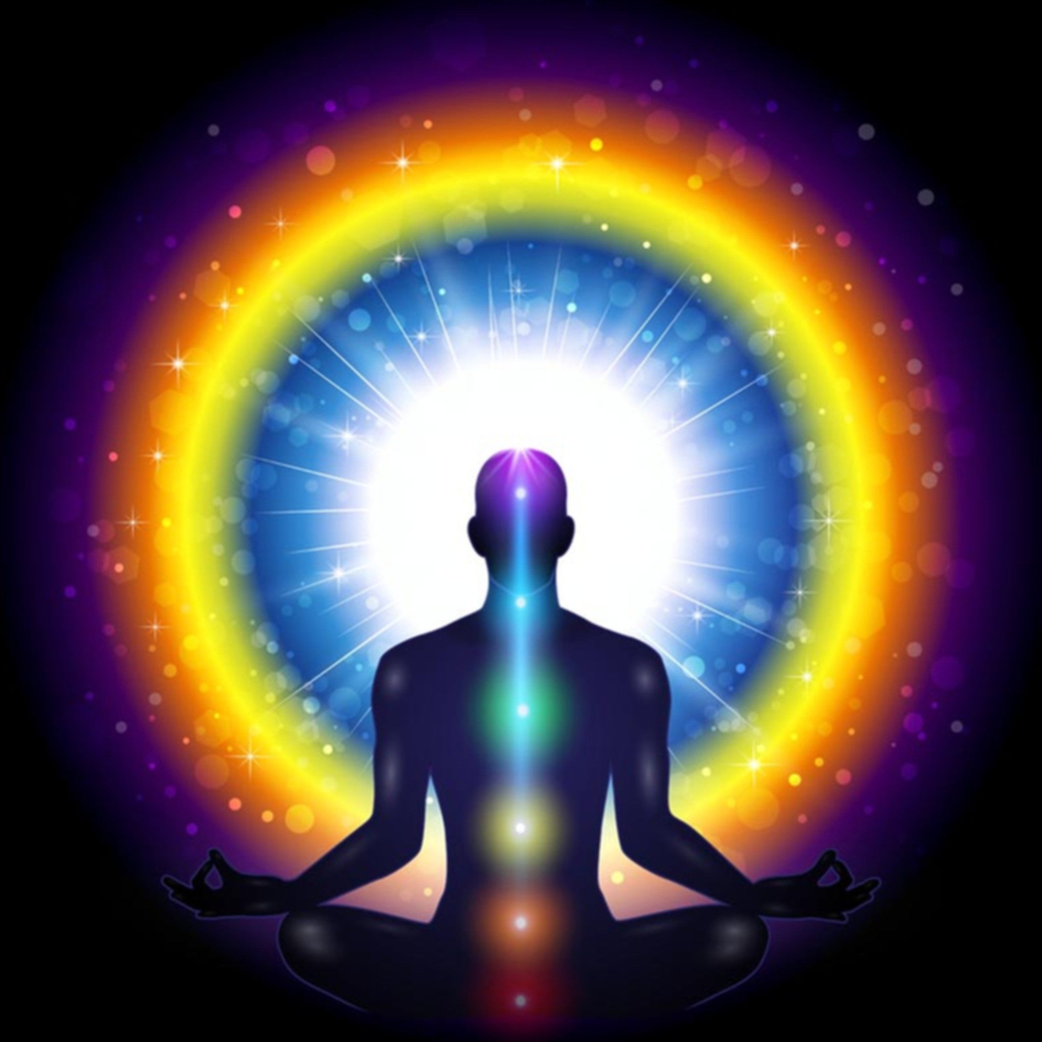 Silhouette of an enlightened person in meditation with a rainbow energy circle and chakra colours on a dark background.