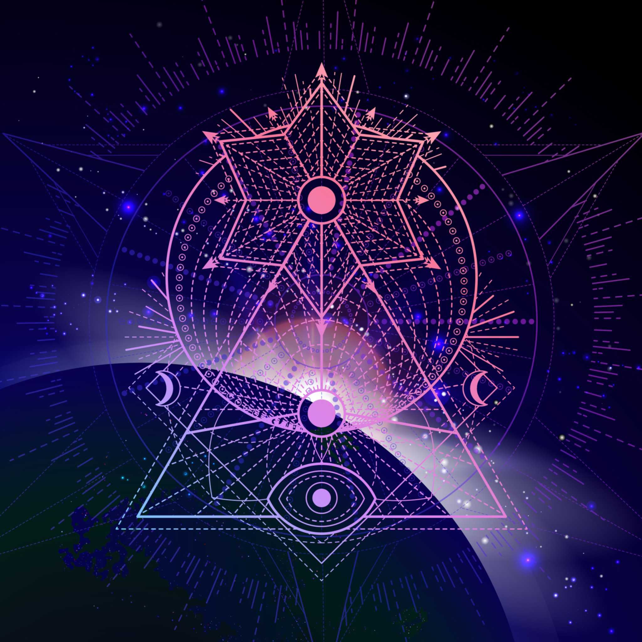 A glowing, intricate digital illustration of geometric sacred geometry, featuring a prominent six-pointed star and an eye within a large triangle, all outlined in pink and blue light over a dark planetary surface, set against a deep blue and purple cosmic background.