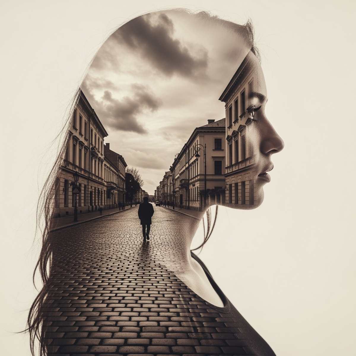 A double exposure portrait of a woman's profile overlaid with a vintage cobblestone road.