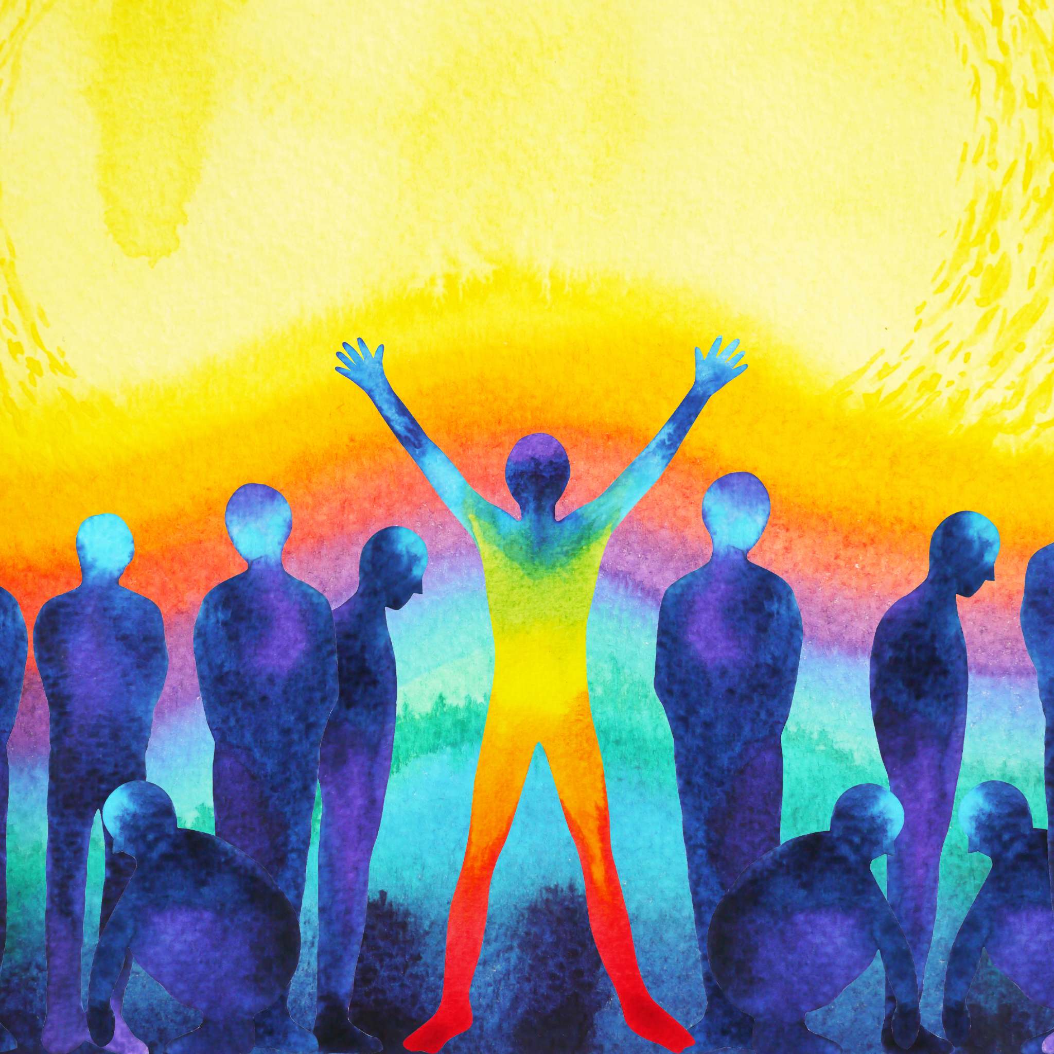 Colourful abstract painting of a colourful figure with raised arms against a vibrant background alongside darker figures.