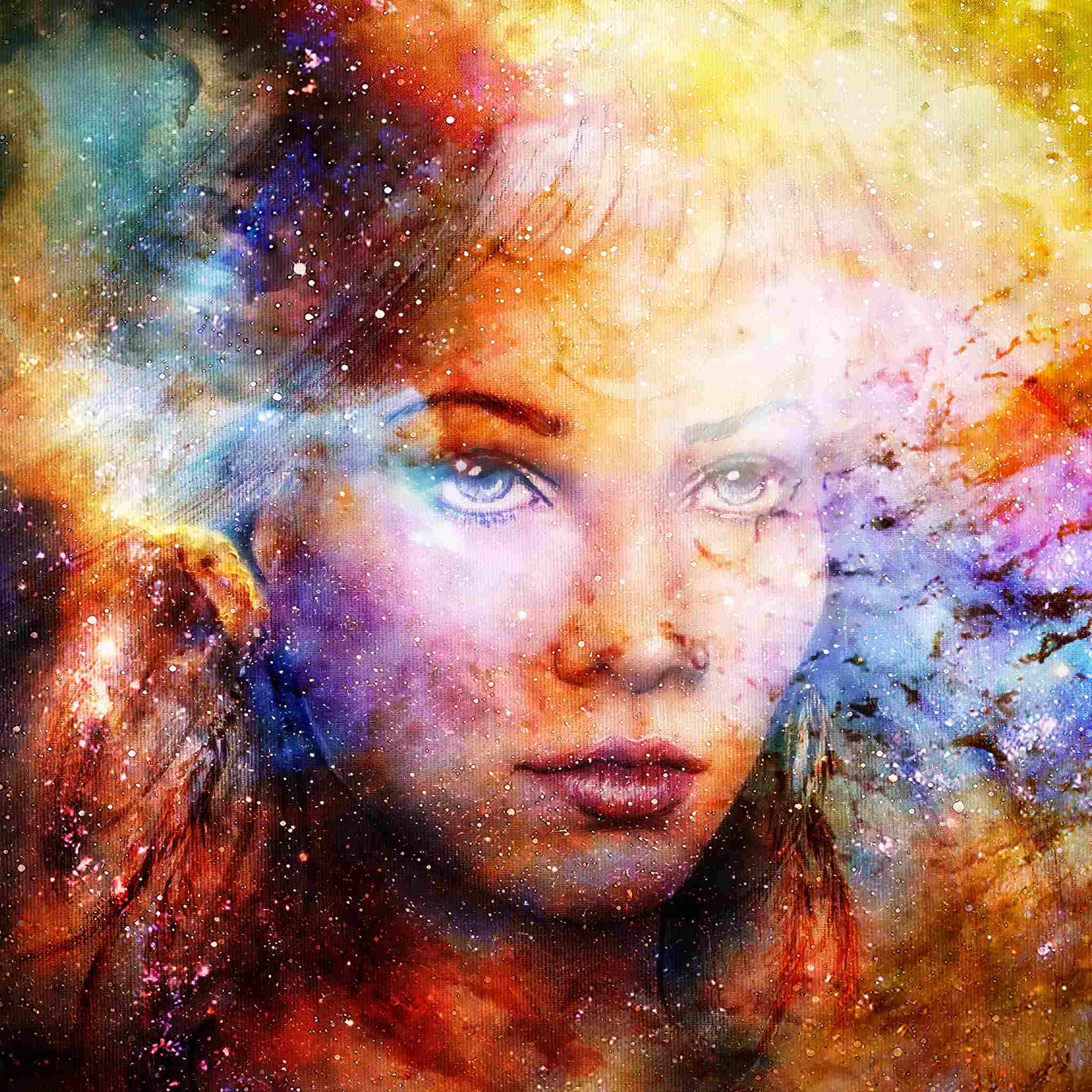 A beautiful woman's face overlaid with an abstract, colourful, speckled space nebula background, representing a past life rite.