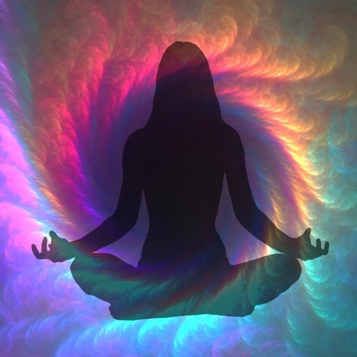 Silhouette of a meditating figure with vibrant, swirling colours, symbolising spiritual path alignment and dedication.